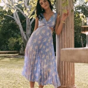 Abercrombie & Fitch Giselle Pleated Cutout Maxi Dress Light Blue Satin